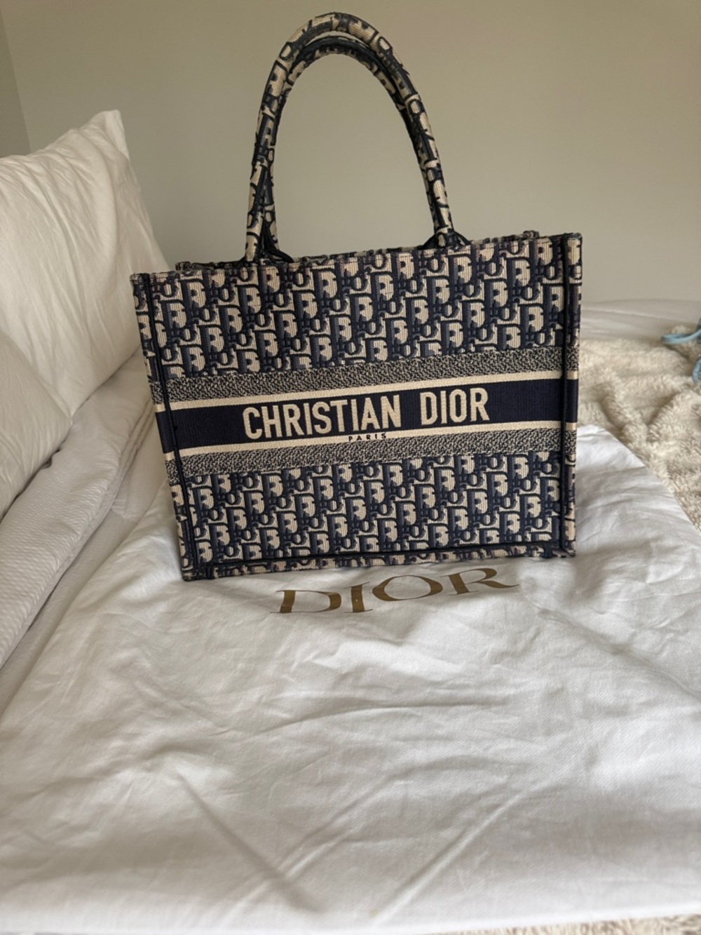 Dior Navy and Beige Oblique Canvas Tote with Logo Band